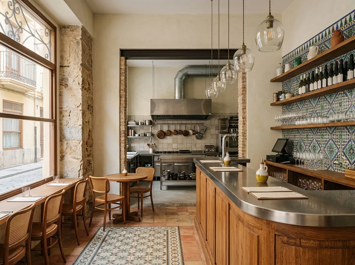 Bar restaurante reformado con barra de madera y cocina con campana extractora