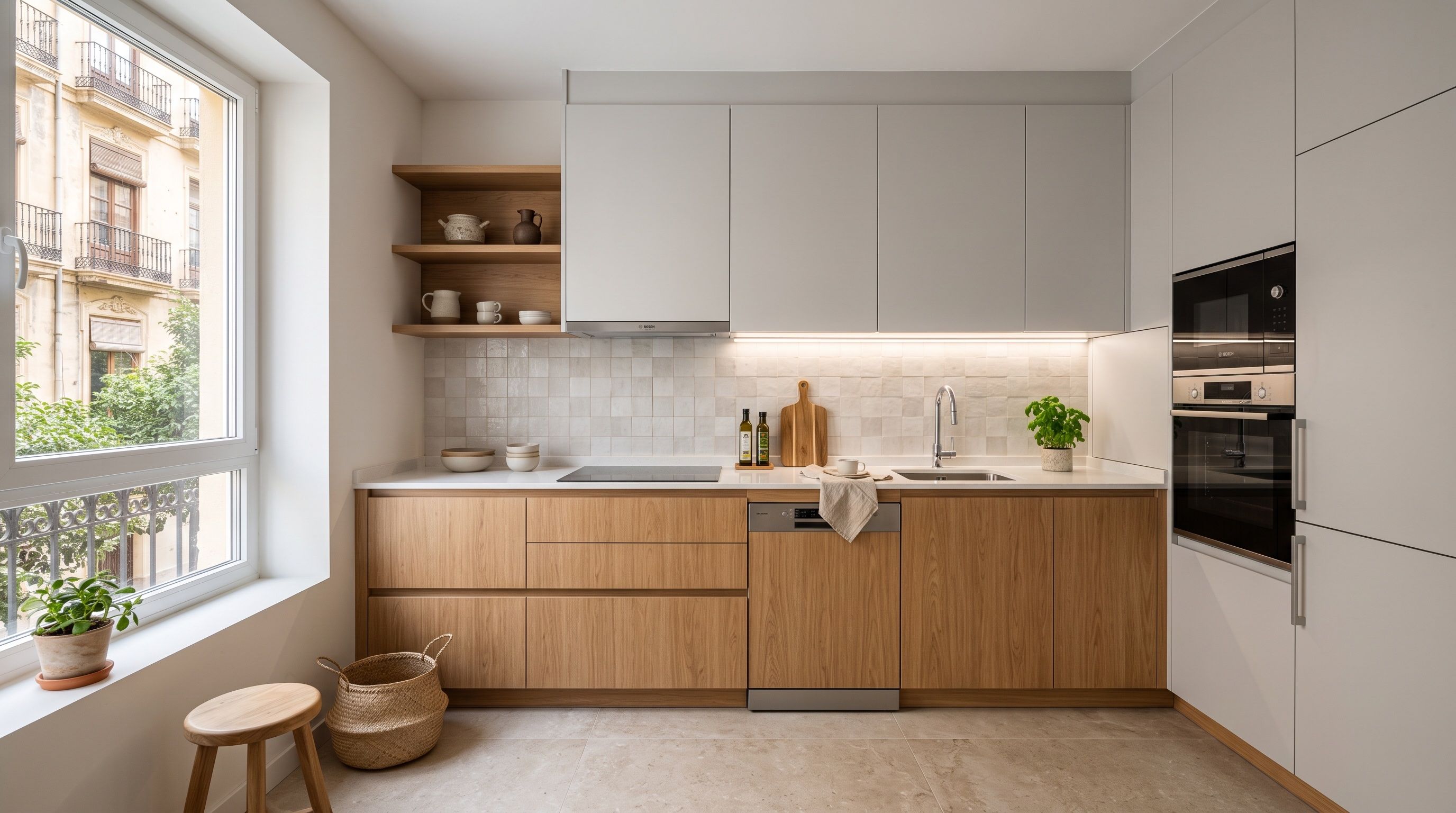 Cocina reformada de gama media con muebles sin tiradores y encimera de cuarzo