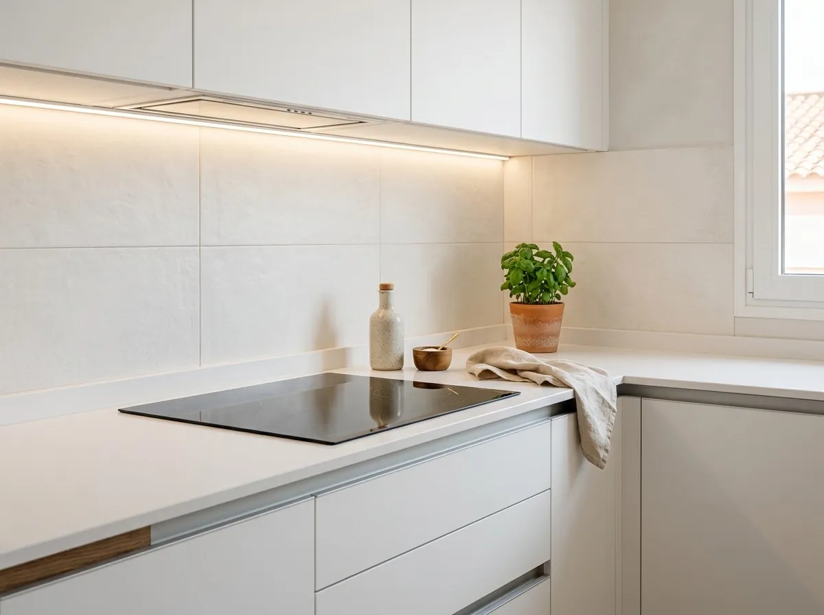 Detalle de encimera de cuarzo blanca y muebles sin tiradores
