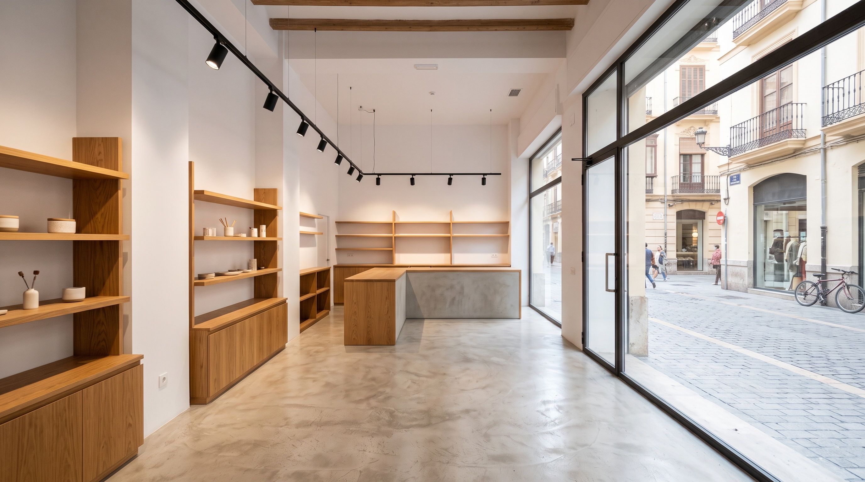 Tienda a pie de calle reformada con escaparate y estanterías de madera