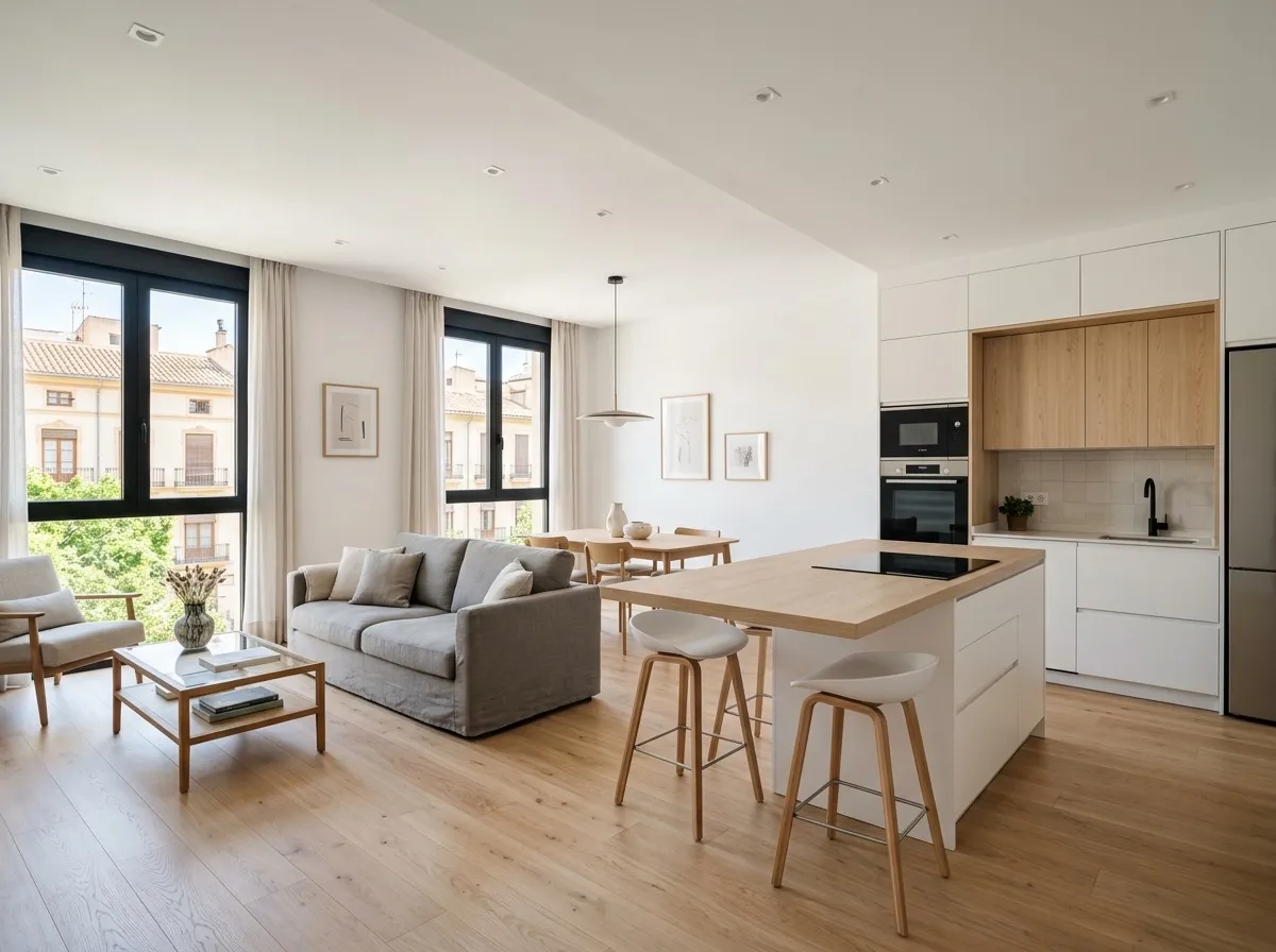 Piso terminado con cocina abierta con isla y suelo de madera clara
