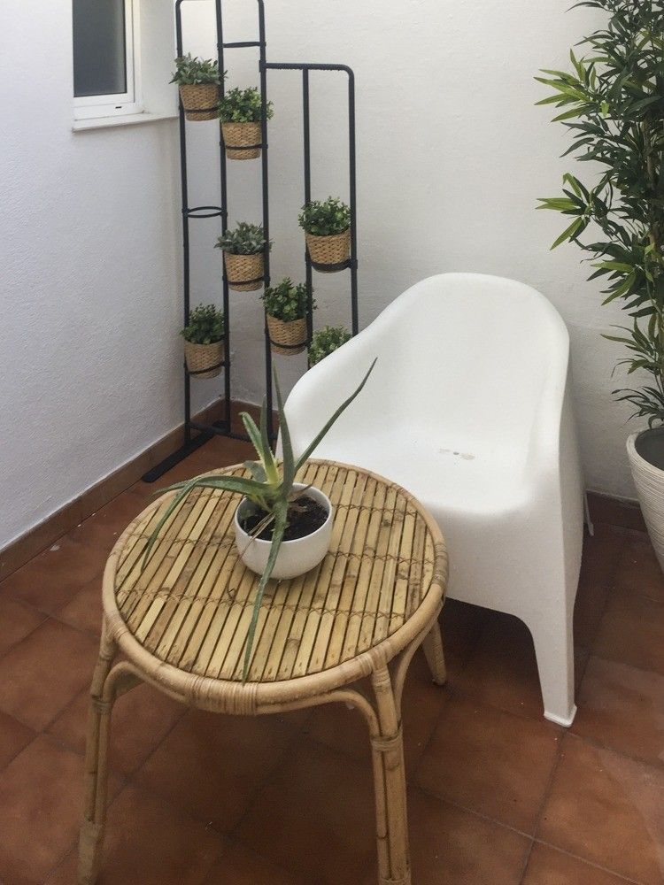 Patio con suelo de barro rojo, sillón blanco y plantas en Valencia