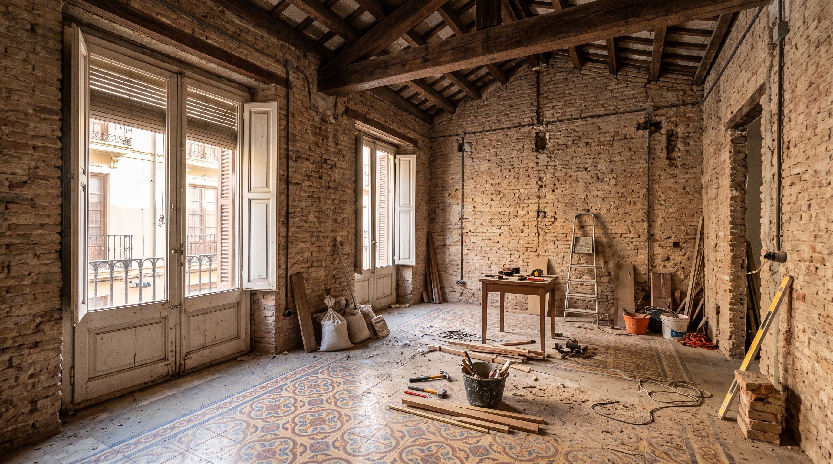Piso antiguo del centro de Valencia en obra con ladrillo macizo, vigas de madera y suelo hidráulico