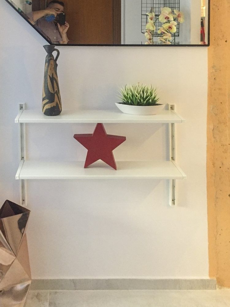 Estante blanco con estrella roja y planta