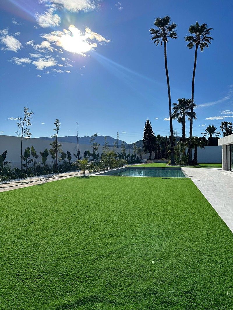 Jardín con palmeras y piscina de la casa de campo rehabilitada en Valencia